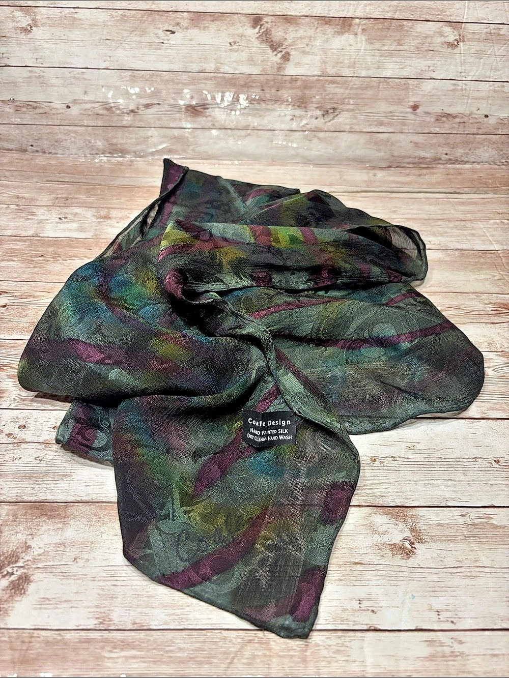 Coale Design Hand Painted 100% Silk Scarf in Green Teal Purple 12" wide x 56"
Lo